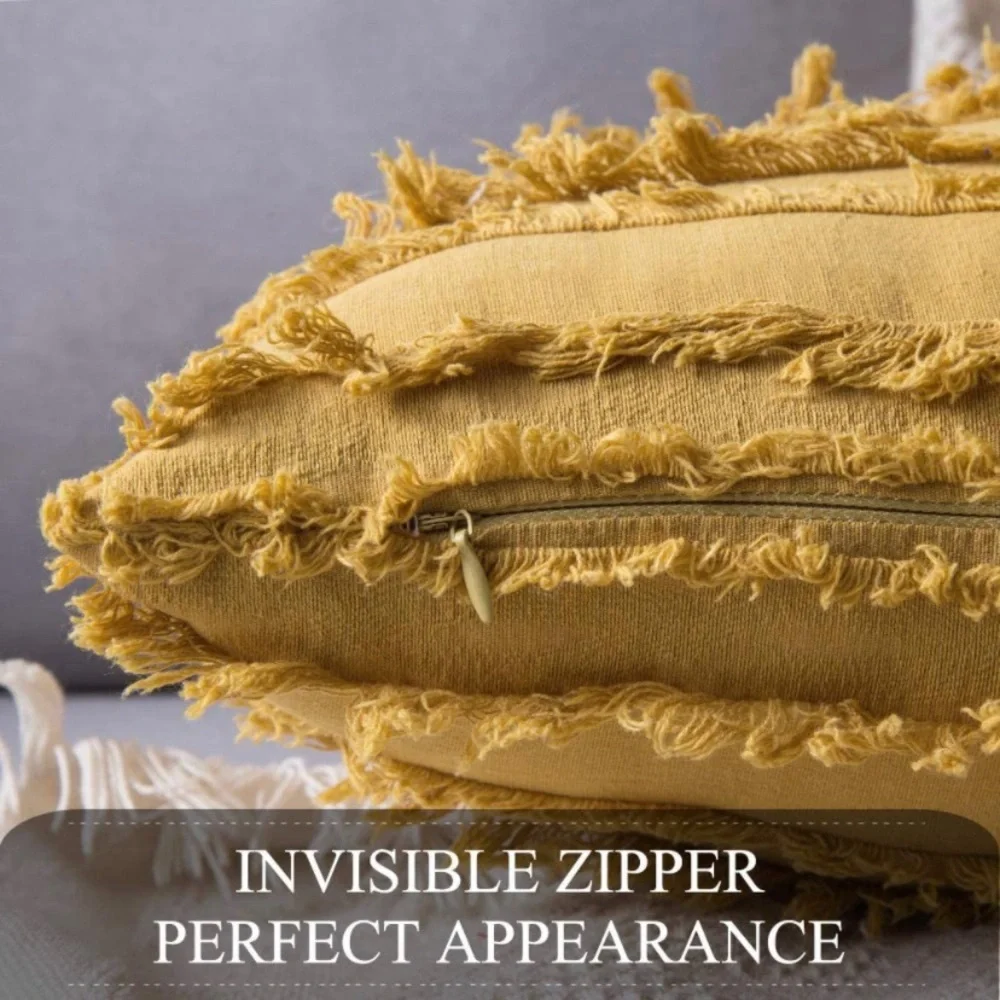 Luxury Home | Oversized Mustard Boho Frayed Edge Striped Jaquard Pillow Covers
